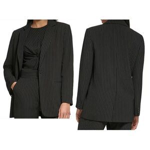 DKNY Pinstripe Notch Collar Long Sleeve Button Front Coordinating Blazer Jacket